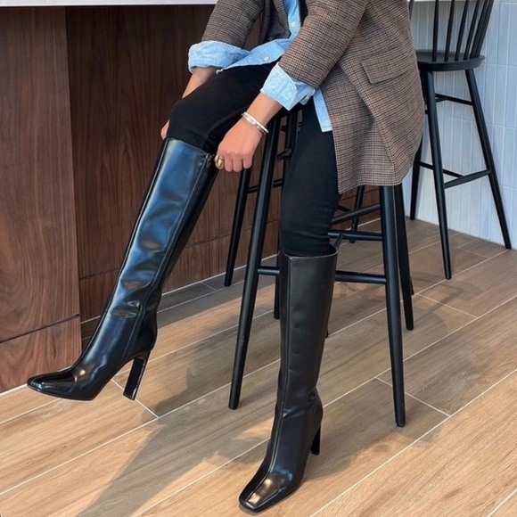 Zara NWOT Black square toe knee high boots premium faux leather heeled boots - Picture 10 of 15